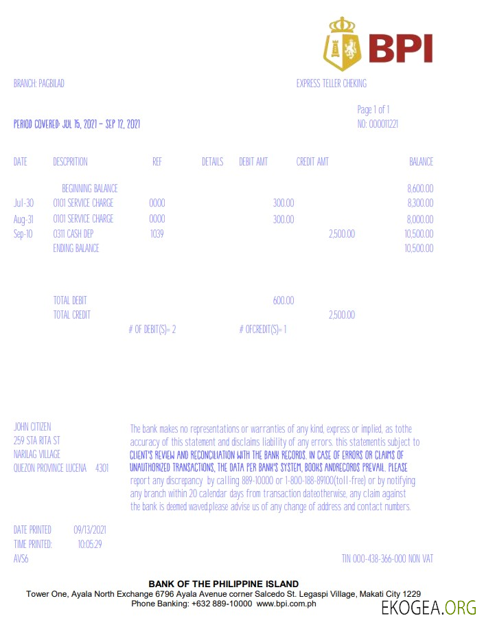 Modèle de relevé bancaire de la Philippines Bank of the Philippine Islands (BPI) au format Excel et PDF, version 2